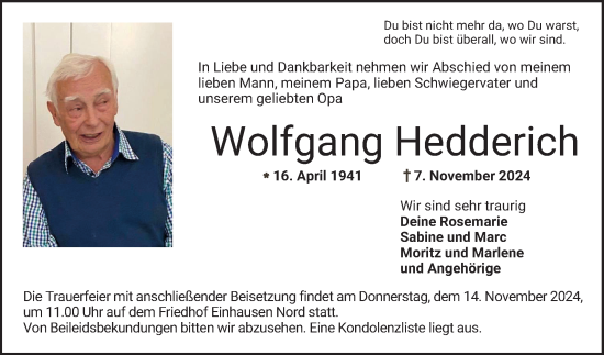 Traueranzeige von Wolfgang Hedderich von Bergsträßer Anzeiger