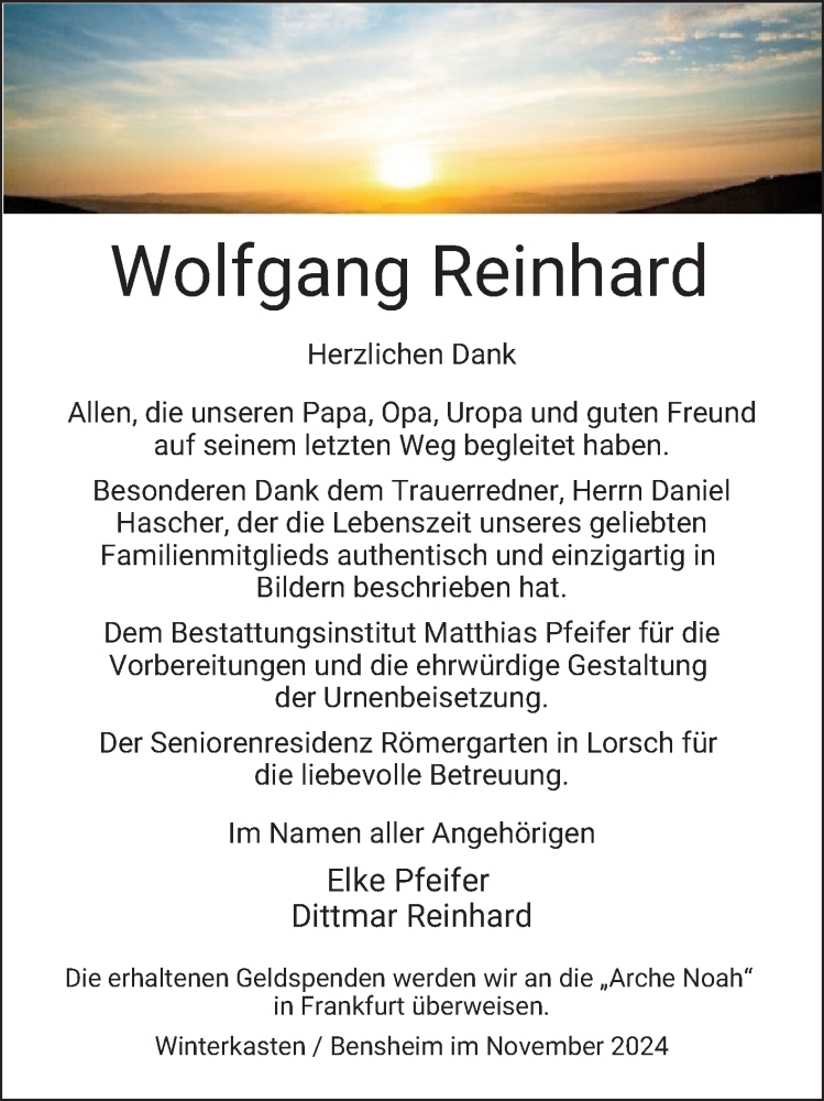  Traueranzeige für Wolfgang Reinhard vom 30.11.2024 aus Bergsträßer Anzeiger