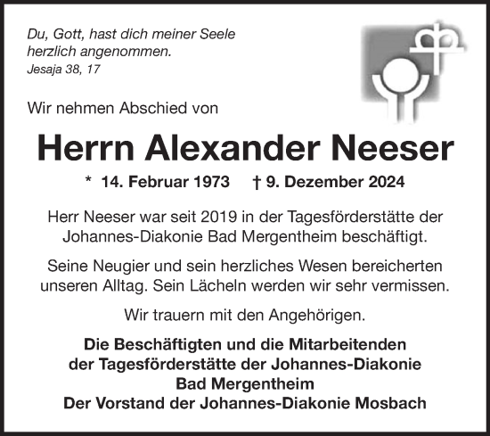 Traueranzeige von Alexander Neeser von Fränkische Nachrichten