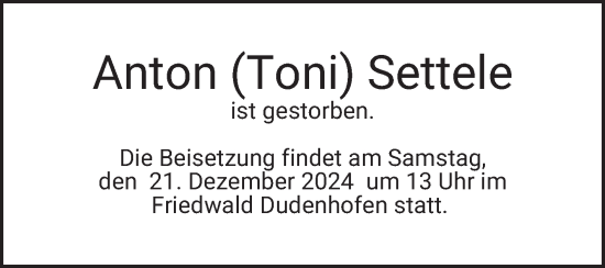 Traueranzeige von Anton Settele von Mannheimer Morgen