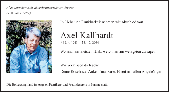 Traueranzeige von Axel Kallhardt von Fränkische Nachrichten