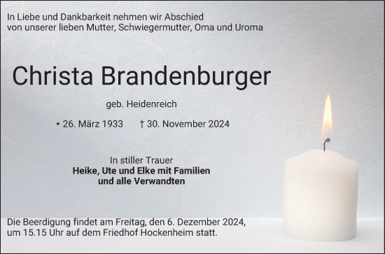 Traueranzeige von Christa Brandenburger von Schwetzinger Zeitung