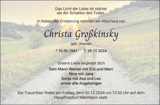 Traueranzeige von Christa Großkinsky von Mannheimer Morgen