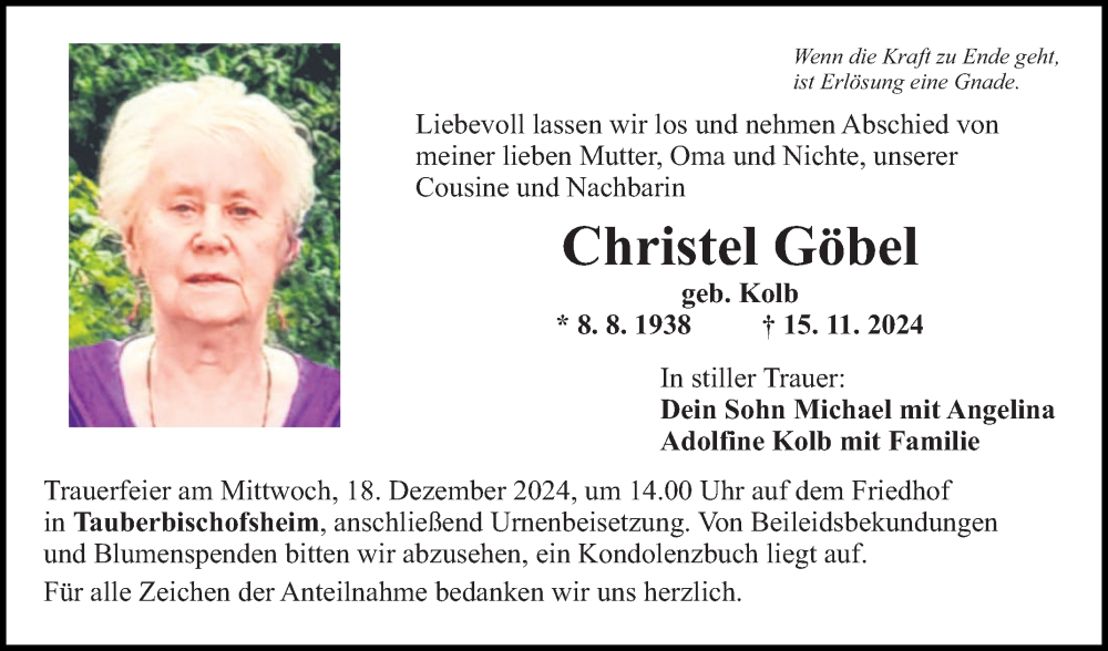  Traueranzeige für Christel Göbel vom 14.12.2024 aus Fränkische Nachrichten