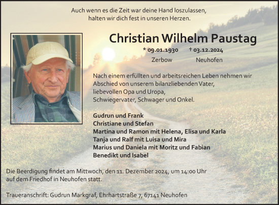 Traueranzeige von Christian Wilhelm Paustag von Mannheimer Morgen