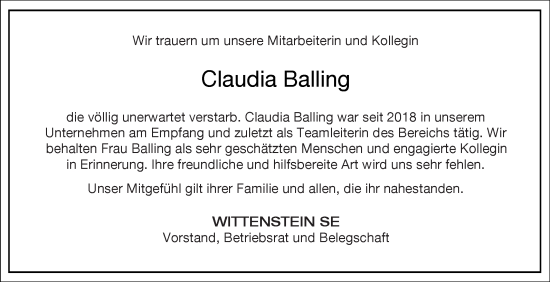 Traueranzeige von Claudia Balling von Fränkische Nachrichten