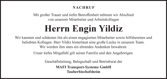 Traueranzeige von Engin Yildiz von Fränkische Nachrichten