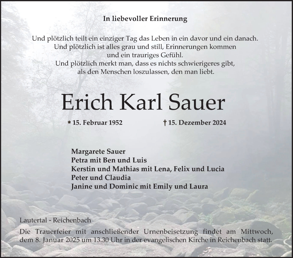  Traueranzeige für Erich Karl Sauer vom 21.12.2024 aus Bergsträßer Anzeiger