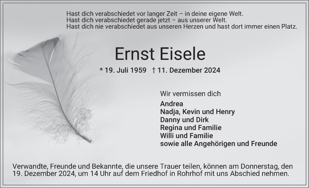  Traueranzeige für Ernst Eisele vom 14.12.2024 aus Schwetzinger Zeitung