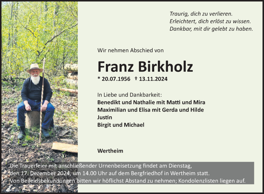  Traueranzeige für Franz Birkholz vom 04.12.2024 aus Fränkische Nachrichten