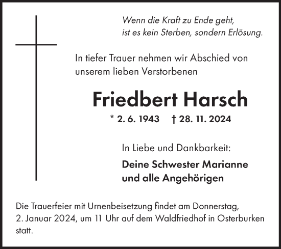 Traueranzeige von Friedbert Harsch von Fränkische Nachrichten