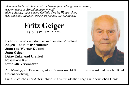 Traueranzeige von Fritz Geiger von Fränkische Nachrichten