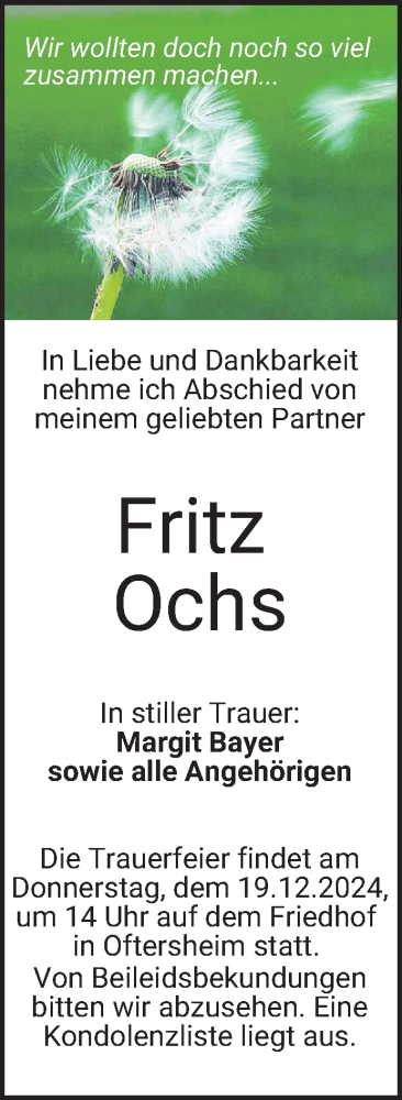 Traueranzeige von Fritz Ochs von Schwetzinger Zeitung