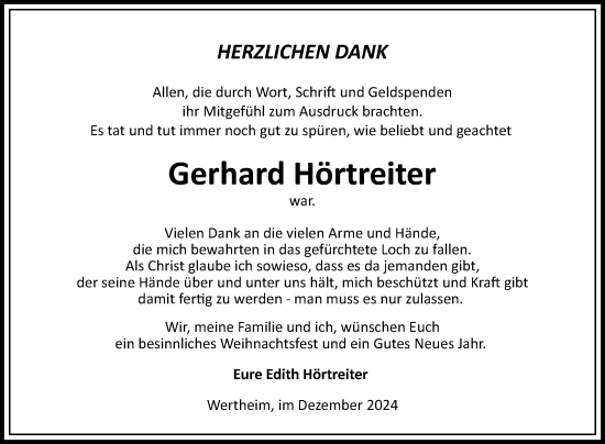 Traueranzeige von Gerhard Hörtreiter von Fränkische Nachrichten