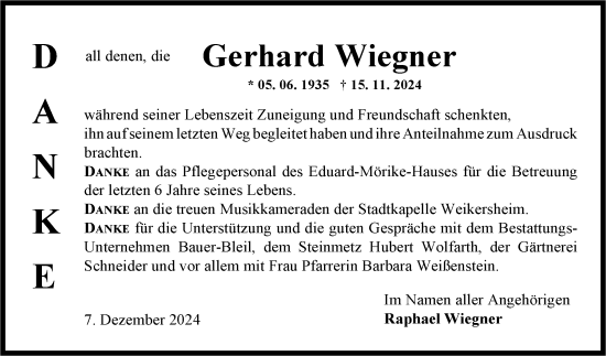 Traueranzeige von Gerhard Wiegner von Fränkische Nachrichten