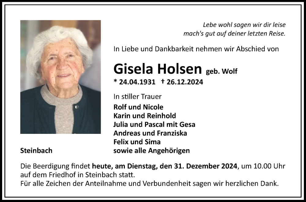  Traueranzeige für Gisela Holsen vom 31.12.2024 aus Fränkische Nachrichten