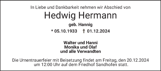 Traueranzeige von Hedwig Hermann von Mannheimer Morgen