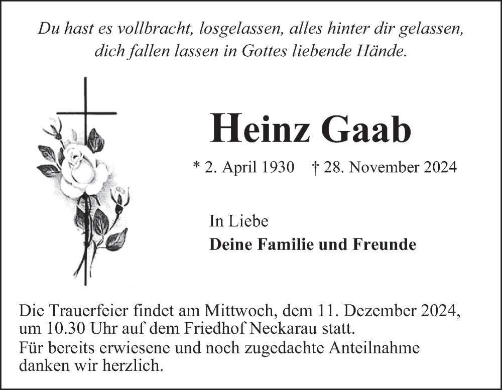  Traueranzeige für Heinz Gaab vom 07.12.2024 aus Mannheimer Morgen