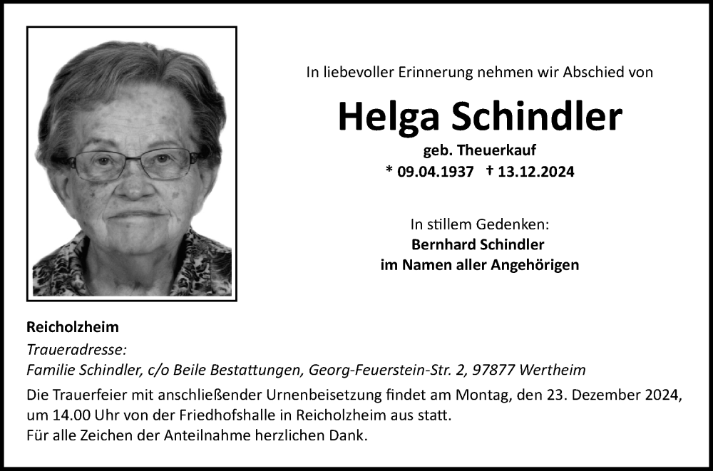  Traueranzeige für Helga Schindler vom 20.12.2024 aus Fränkische Nachrichten