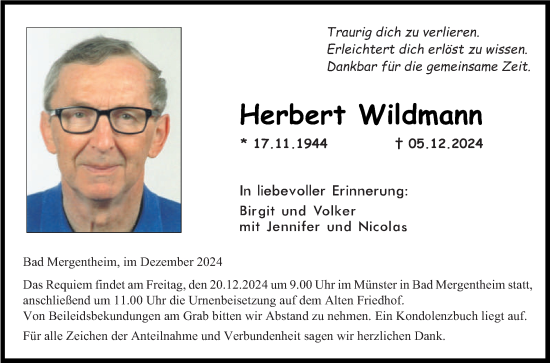 Traueranzeige von Herbert Wildmann von Fränkische Nachrichten