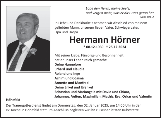 Traueranzeige von Hermann Hörner von Fränkische Nachrichten