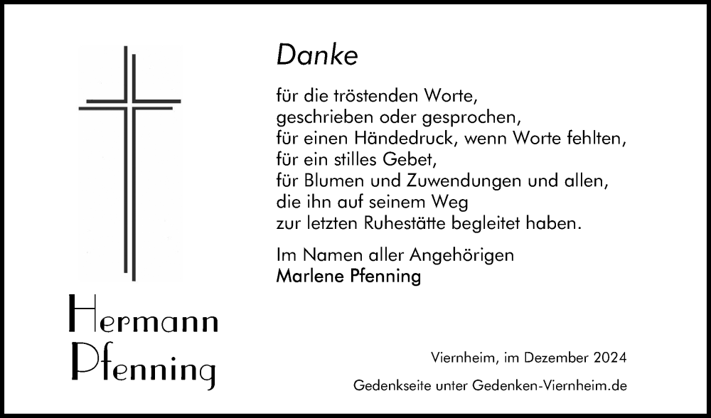 Traueranzeige für Hermann Pfenning vom 07.12.2024 aus Mannheimer Morgen