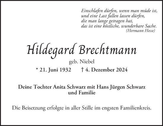 Traueranzeige von Hildegard Brechtmann von Mannheimer Morgen