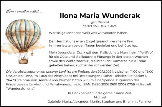 Traueranzeige von Ilona Wunderak von Mannheimer Morgen