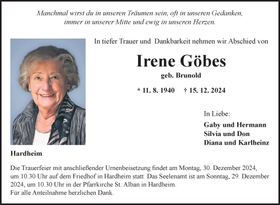 Traueranzeige von Irene Göbes von Fränkische Nachrichten