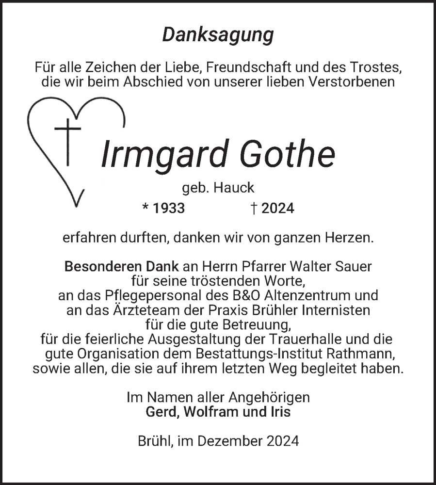  Traueranzeige für Irmgard Gothe vom 06.12.2024 aus Schwetzinger Zeitung