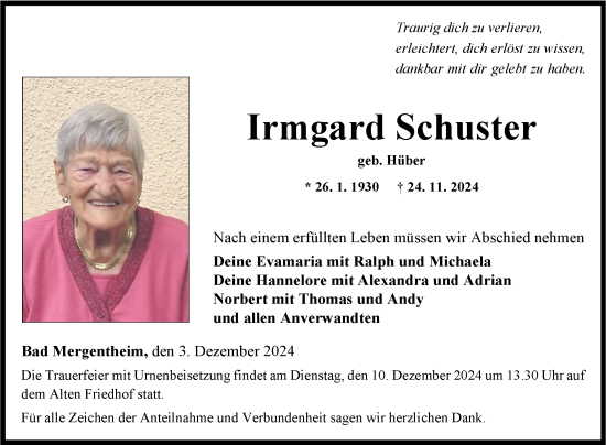 Traueranzeige von Irmgard Schuster von Fränkische Nachrichten