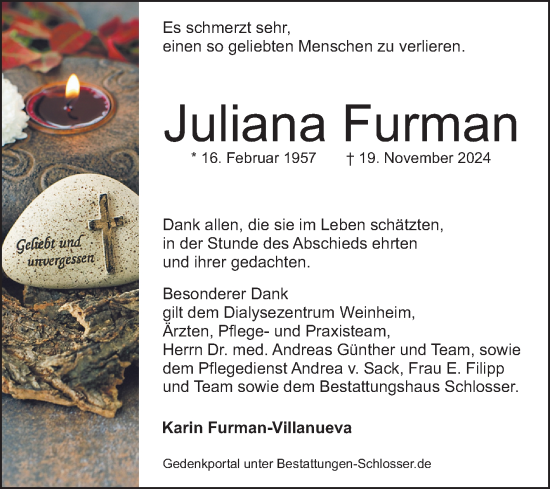 Traueranzeige von Juliana Furman von Mannheimer Morgen