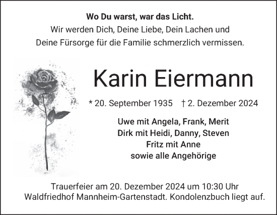 Traueranzeige von Karin Eiermann von Mannheimer Morgen