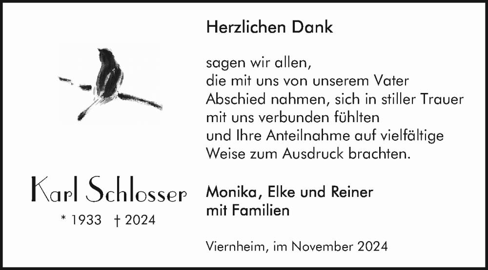  Traueranzeige für Karl Schlosser vom 07.12.2024 aus Mannheimer Morgen