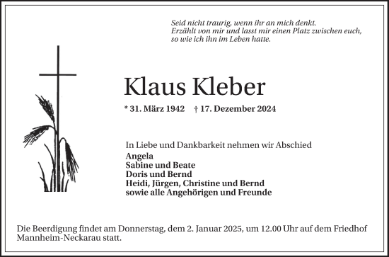 Traueranzeige von Klaus Kleber von Mannheimer Morgen