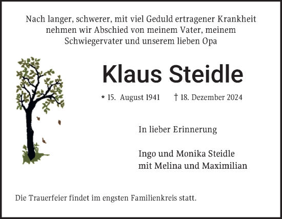 Traueranzeige von Klaus Steidle von Schwetzinger Zeitung