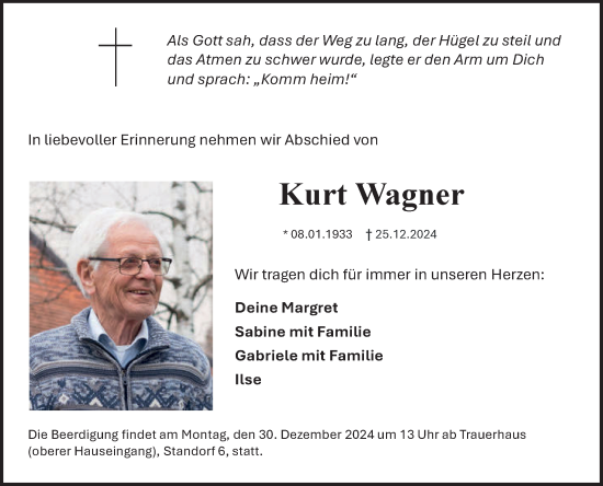 Traueranzeige von Kurt Wagner von Fränkische Nachrichten