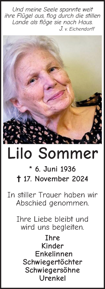 Traueranzeige von Lilo Sommer von Mannheimer Morgen