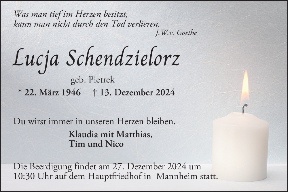  Traueranzeige für Lucja Schenizieforz vom 21.12.2024 aus Mannheimer Morgen