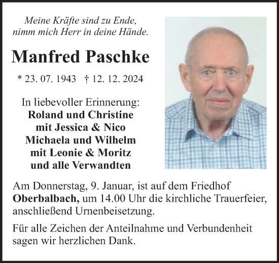 Traueranzeige von Manfred Paschke von Fränkische Nachrichten