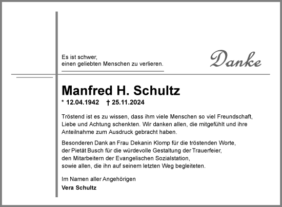 Traueranzeige von Manfred H. Schultz von Fränkische Nachrichten