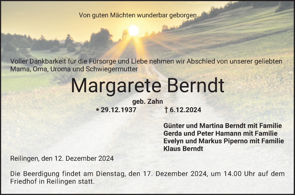  Traueranzeige für Margarete Berndt vom 12.12.2024 aus Schwetzinger Zeitung