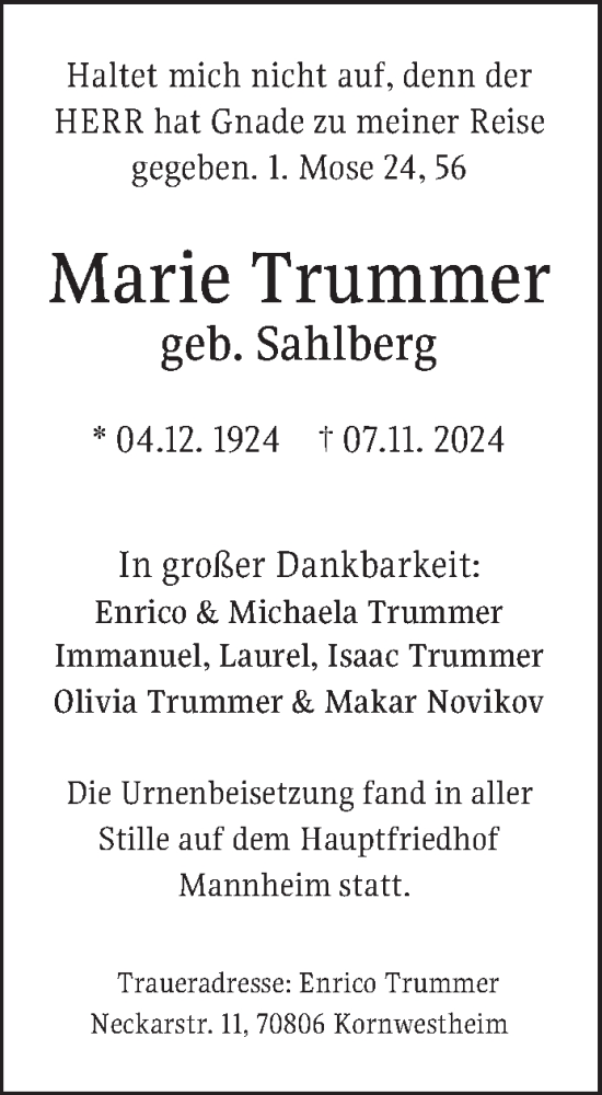 Traueranzeige von Marie Trummer von Mannheimer Morgen