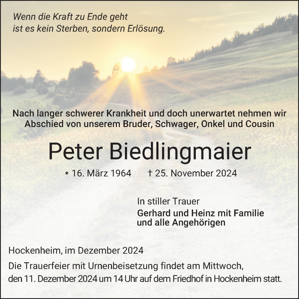  Traueranzeige für Peter Biedlingmaier vom 07.12.2024 aus Schwetzinger Zeitung