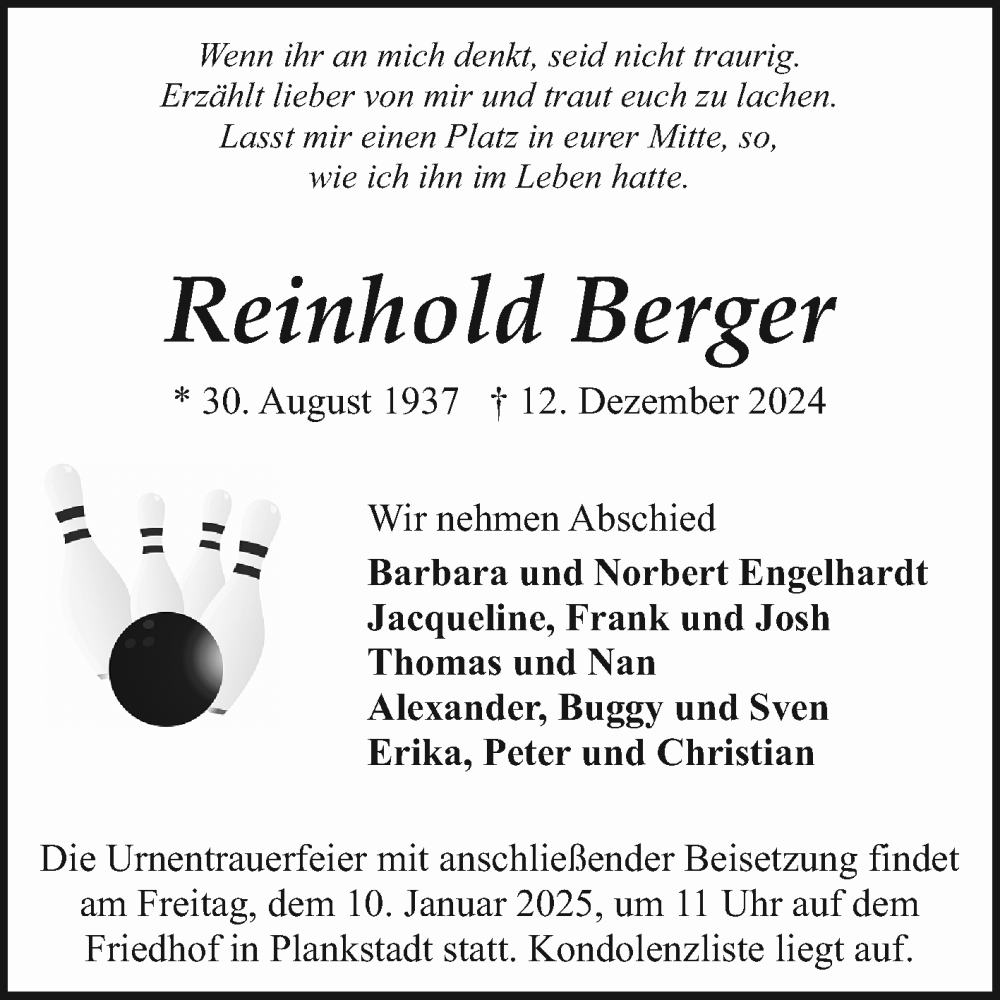  Traueranzeige für Reinhold Berger vom 28.12.2024 aus Schwetzinger Zeitung