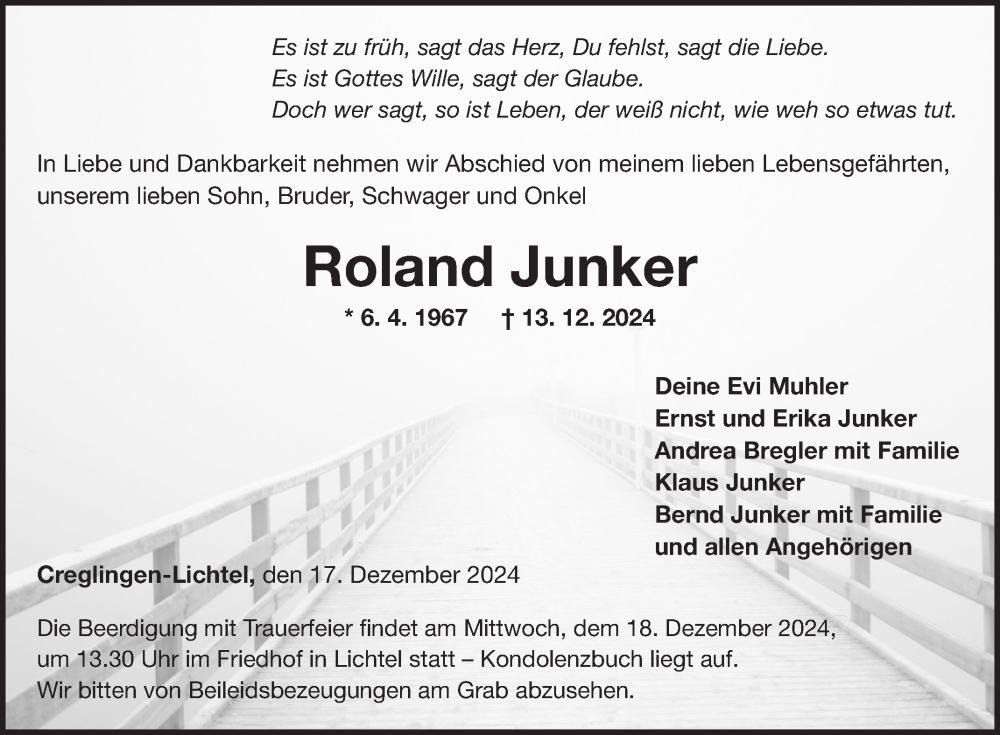  Traueranzeige für Roland Junker vom 17.12.2024 aus Fränkische Nachrichten