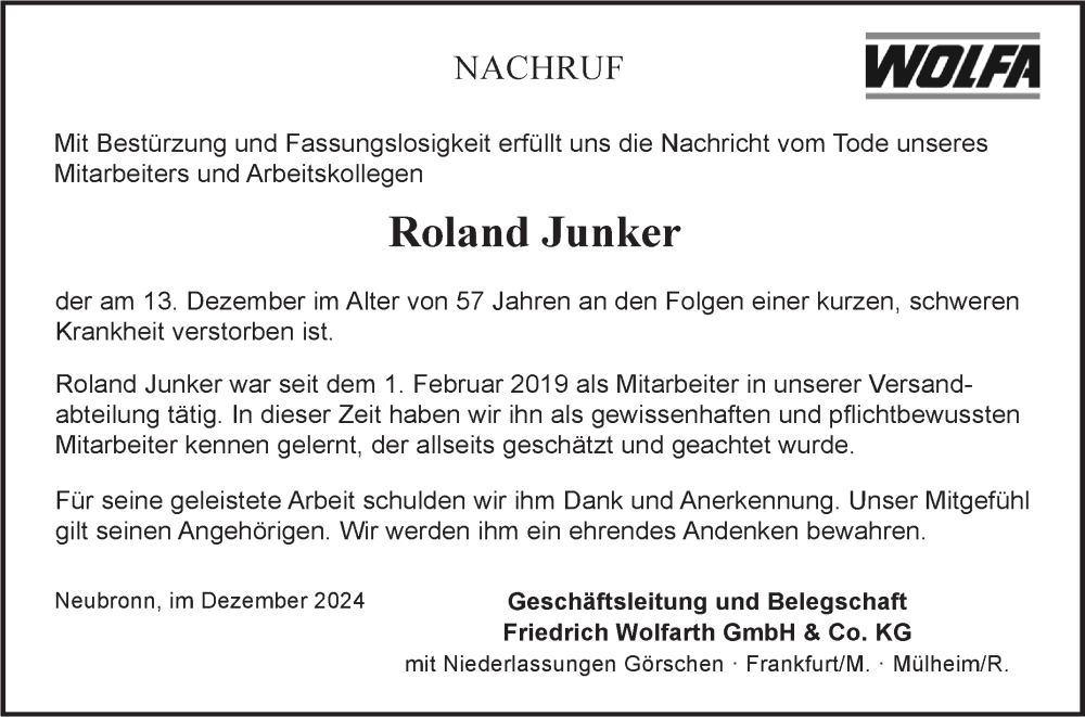  Traueranzeige für Roland Junker vom 18.12.2024 aus Fränkische Nachrichten