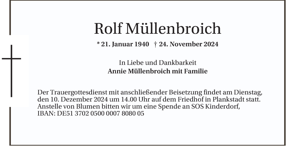  Traueranzeige für Rolf Müllenbroich vom 07.12.2024 aus Schwetzinger Zeitung