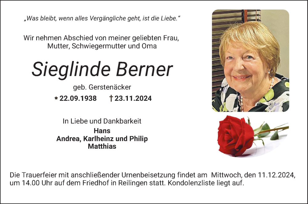  Traueranzeige für Sieglinde Berner vom 07.12.2024 aus Mannheimer Morgen