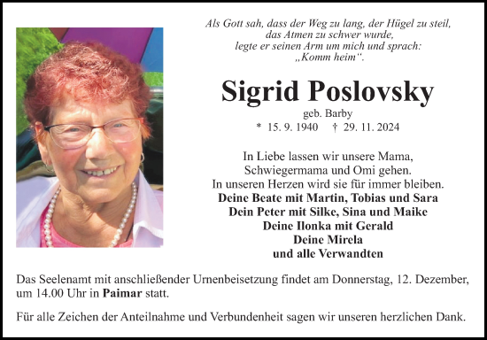 Traueranzeige von Sigrid Poslovsky von Fränkische Nachrichten